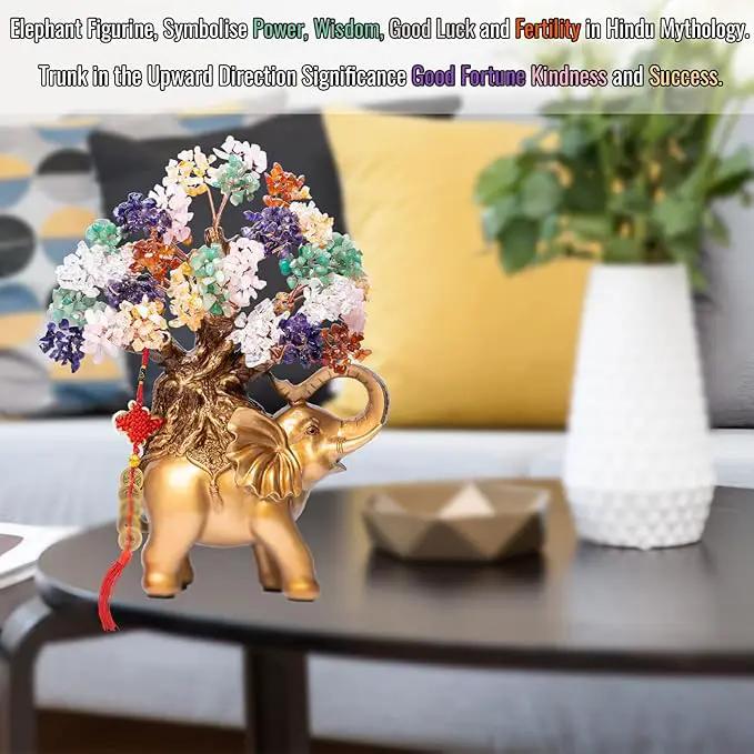 7 Chakra Crystal Money Tree on Gold Elephant Statue, 17”Large Gemstone Bonsai Tree of Life Home Décor Gifts for Wealth Positive Energy, Feng Shui Décor by GreenHaven Gardens