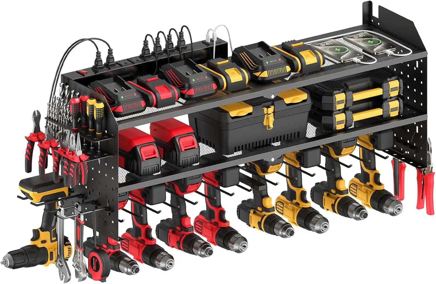 JUNNUJ Large Power Tool Organizer Wall Mount with Charging Station. Garage 8 Drill Holder Tools Battery Storage Shelf, Heavy Duty Utility Storage Rack Built in 8 Outlet 3 USB 10 FT Power Strip by GreenHaven Gardens