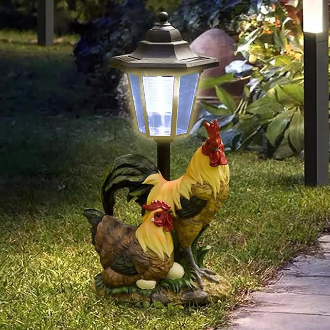 Solar Garden Outdoor Statues Rooster Hen Couple with Light, Outside-Outdoor Decorations Chicken Sculptures for Patio Yard Lawn Walkway Ornaments Clearance Gifts for Mom Grandma Birthday by GreenHaven Gardens