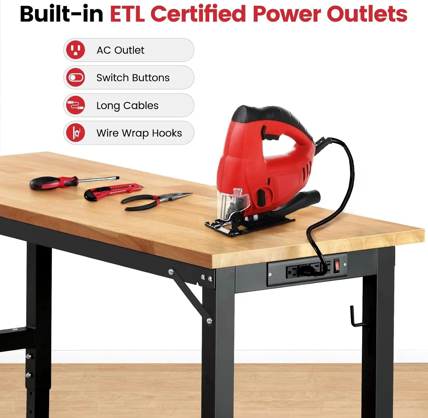 Workbench for Garage Adjustable Height 60 x 22 Inch Work Table with Wheels Heavy Duty Rubberwood Tabletop Workbench with Pegboard, Power Outlets for Woodworking Shop, Home, Office by GreenHaven Gardens