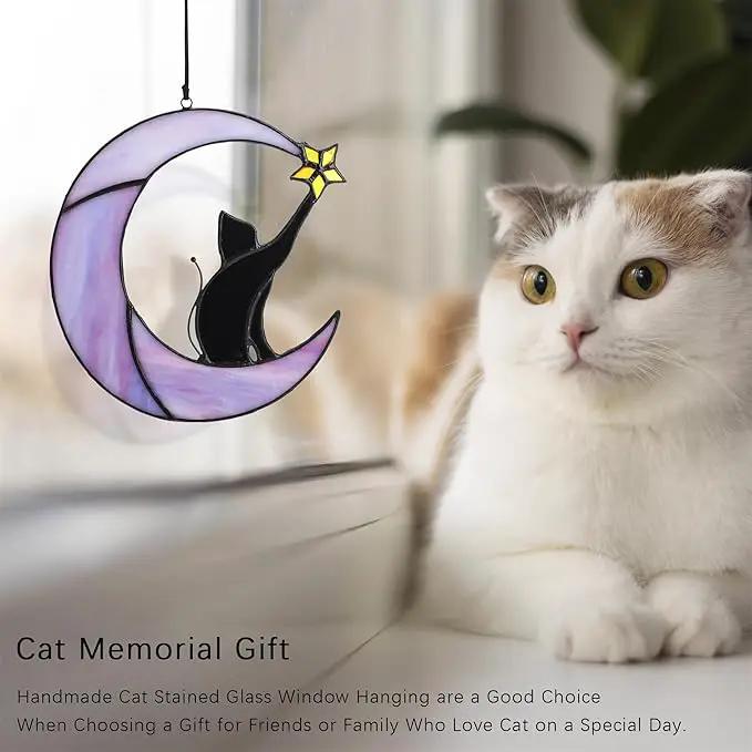 HDCRYSTALGIFTS 6.5'' Black Cat Decor on Purple Moon Stained Glass Window Hanging Suncatcher,Wall Art Glass Window Panel Sun Catcher,Halloween Ornament Decoration Memorial Gift for Lover Cat Loss by GreenHaven Gardens