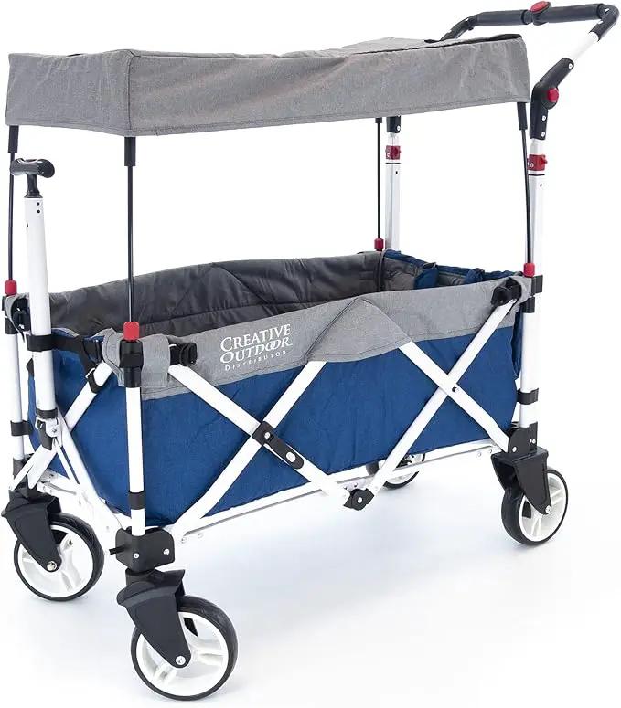 Creative Outdoor Push Pull Stroller Wagon for Kids,150lbs Weight Capacity, Collapsible Folding Cart with Canopy, Silver Series Plus, Beach, Park, Garden & Tailgate (Blue/Gray) by GreenHaven Gardens