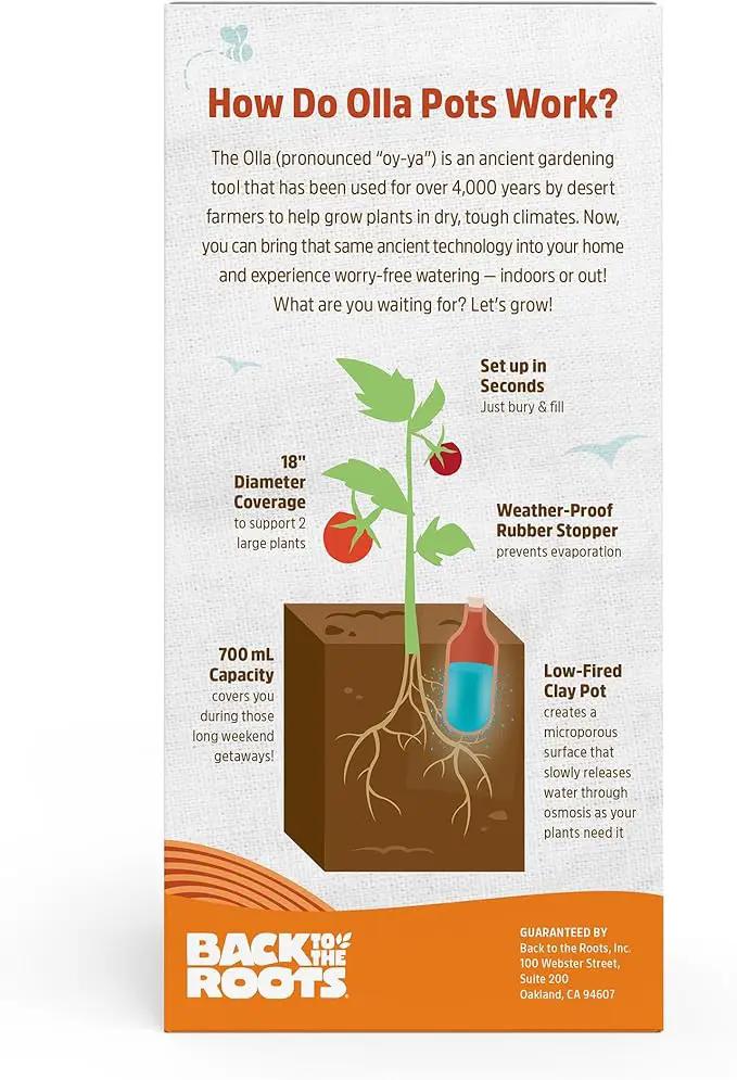 Back to the Roots Self-Watering Terracotta Olla Pot, 700mL Provides 1 Week of Precision Watering by GreenHaven Gardens