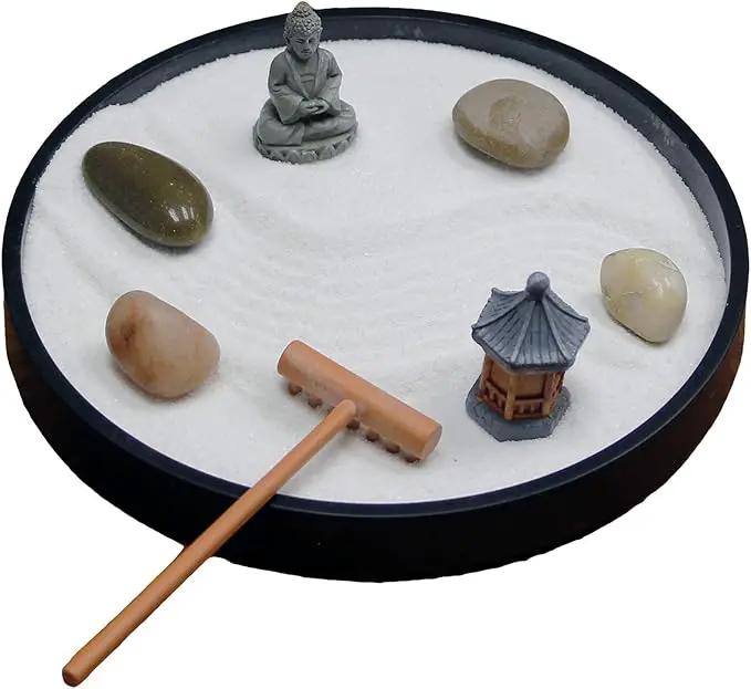 Nature's Mark Mini Zen Garden Kit for Desk with Rake, White Sand, Black Round Base, Miniature Pagoda Figure, River Rocks and Miniature Buddha Figure (6Lx6W Round B) by GreenHaven Gardens