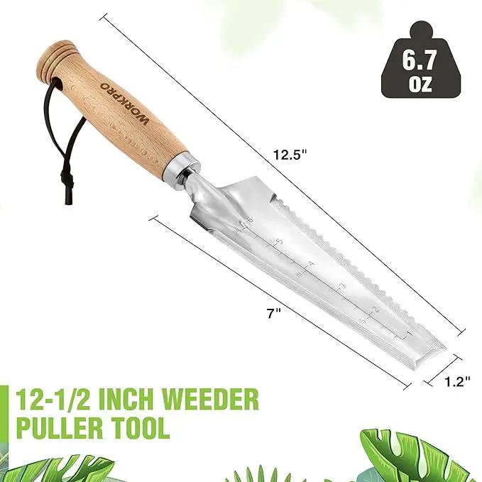 WORKPRO 12.5" Weeder Puller Tool with Wood Handle, 4-in-1 Polished Stainless Steel Garden Trowel, Hori Hori Garden Knife for Easy Weeder Removal, Planting, Weeding, Small Gardening Hand Tools by GreenHaven Gardens