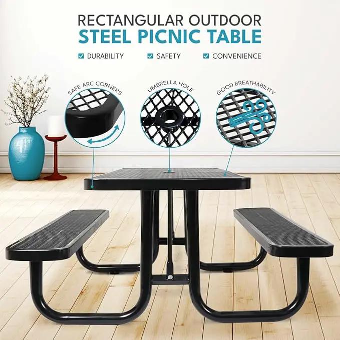 6 ft. Rectangular Outdoor Steel Picnic Table with Umbrella Pole, Heavy-Duty Weather-Resistant Dining Table for Patio, Backyard, and Garden, Rust-Resistant Finish, Black by GreenHaven Gardens