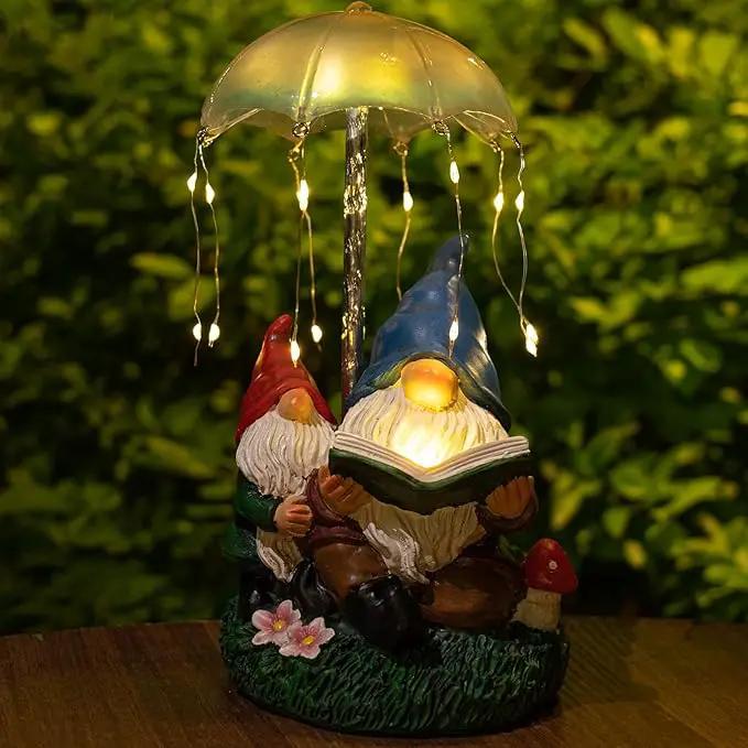 mopha Garden Gnomes Statues Outdoor Decor Gifts, Resin Figurines Outside Decoration Ornaments Clearance Gardening Decoration, Solar Powered Umbrella Fireworks Lights by GreenHaven Gardens