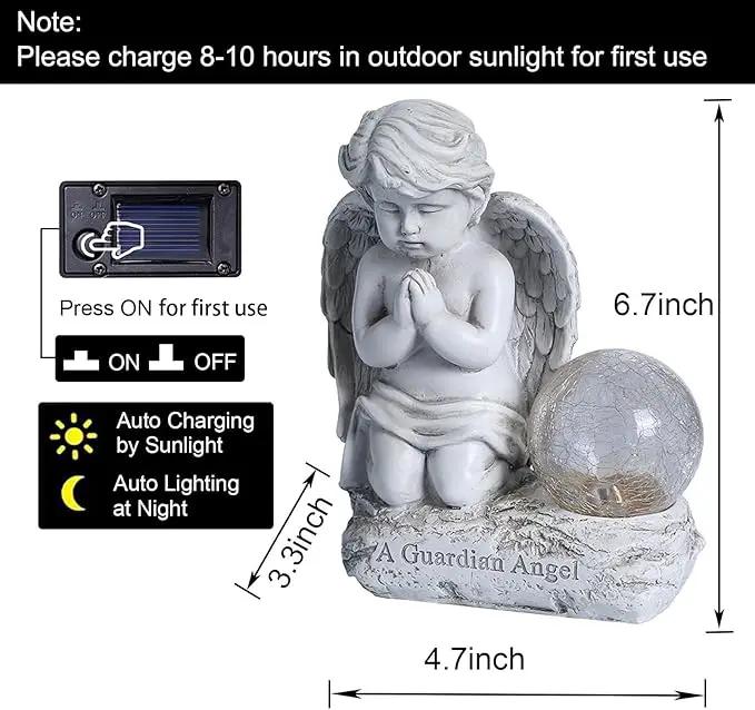 Angel Decor Praying Cherubs Statue, Garden Decor with Solar Crackle Glass Globe for Lawn Patio Decorations by GreenHaven Gardens