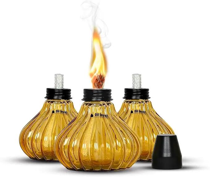 Deco Window Pack of 3 Table Torch for Indoor Outdoor Citronella Oil Tabletop Glass Lamp Landscape Yellow Lantern with Fiberglass Wick & Cap for Patio Garden Yard Party Decor Light by GreenHaven Gardens