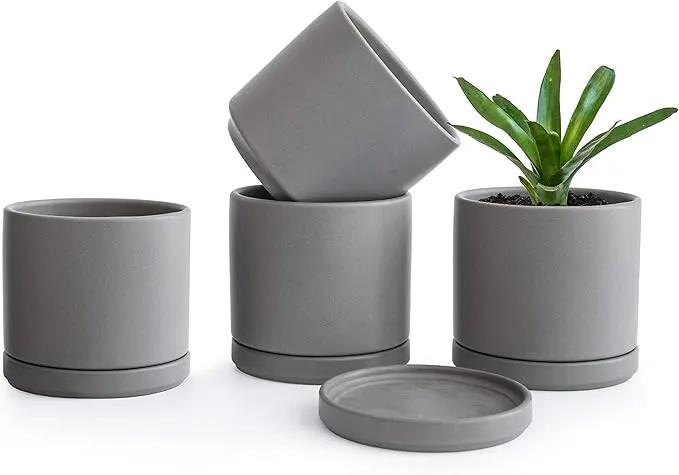D'vine Dev Set of 4 Small Ceramic Plant Pots, 4.6 Inch Succulent Planter Pot for Plants with Drainage Hole and Saucer, Grey, 94-X-B-3 by GreenHaven Gardens