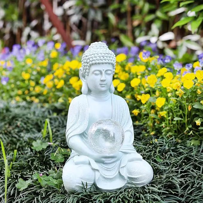 Buddha Garden Statue with Solar Light, Solar Meditating Garden Buddha with Cracked Glass Ball Sculpture-Indoor/Outdoor Decor for Balcony,Garden,Patio,Porch Yard Art Ornament,Gift by GreenHaven Gardens