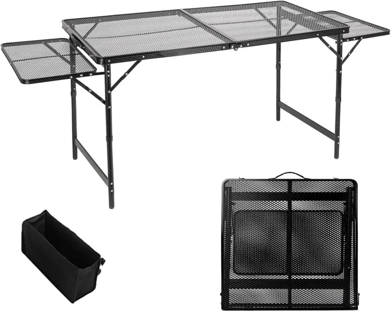 Grill Table Folding Table with 2 Wing Panels 4FT+1.77 FT with with 1×2/5 L Storage Bag Mesh Desktop 3 Height Adjustable Portable Grill for Outdoor Indoor Beach BBQ Picnic Travel RV Black by GreenHaven Gardens