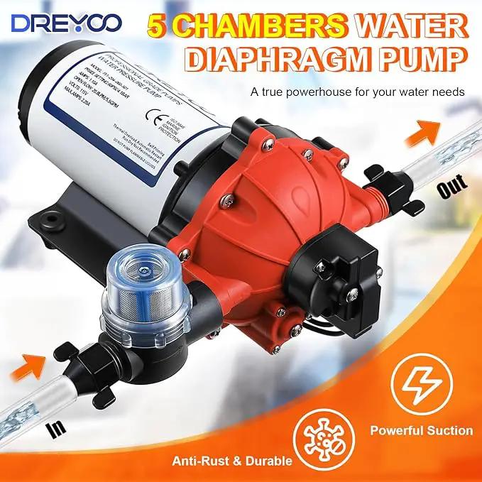 Dreyoo Water Diaphragm Pump, 115V AC, 5.5 GPM, 60 PSI Rated Pressure, 1/2" Threaded MNPT Self Priming Diaphragm Pressure Pump with Pressure Switch for Home, RV, Garden Agricultural Irrigation (Orange)