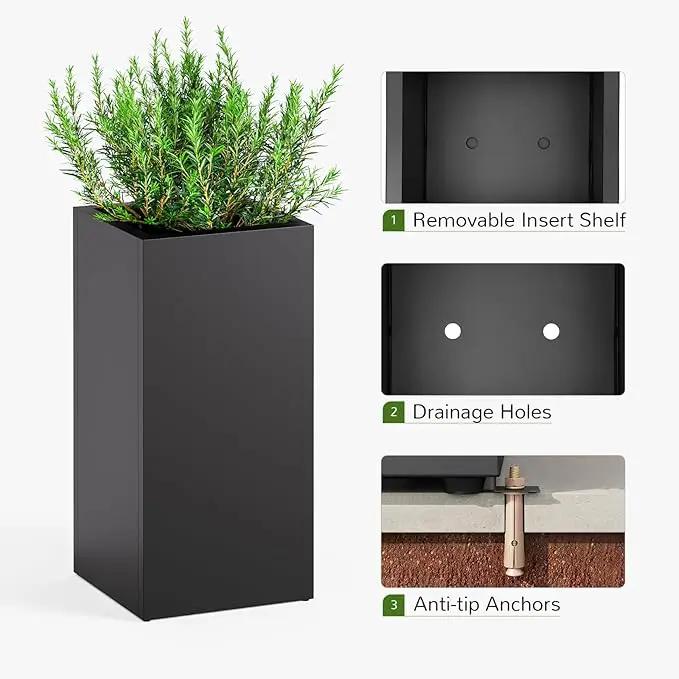 Stoog 30" Tall Planters for Outdoor Plants, All-Weather Metal Planter Boxes Set of 4, with Removable Insert Shelf, Modern Design, Indoor/Outdoor Use, Black by GreenHaven Gardens