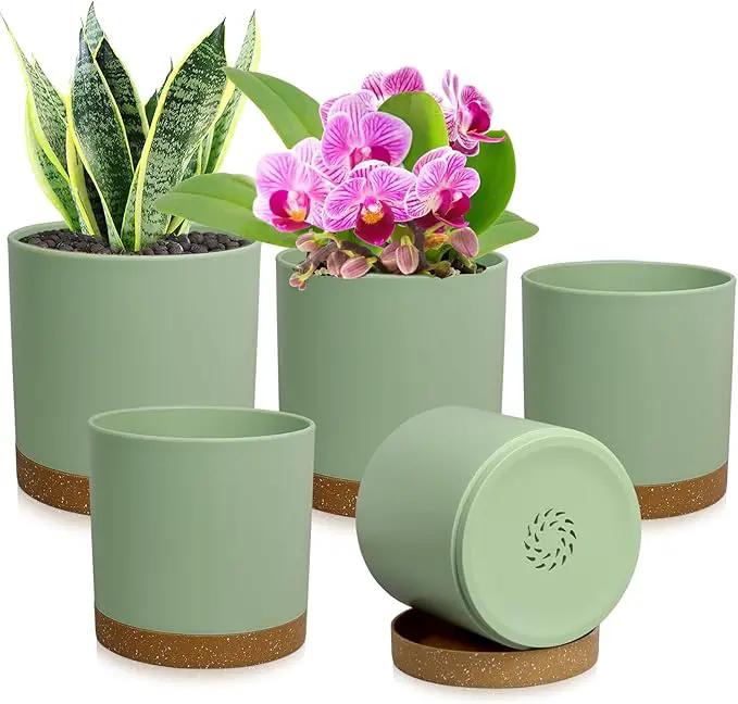 5 Pack Cylindrical Flower Pots with 7/6.5/6/5/4 inch, Modern Small Plastic Plant Pots with Drainage Holes & Saucers, Round Planter Pots for Outdoor, Indoor & Office Decor (Green Brown) by GreenHaven Gardens