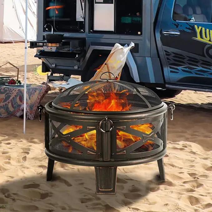 Breezz 26 Inch Wood Burning Fire Pit with Cooking Grill and Spark Screen, Outdoor Metal Round Firepit for Patio, Backyard, Bonfire Party, Camping by GreenHaven Gardens