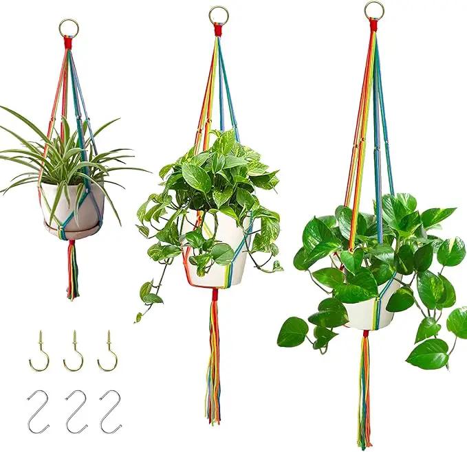 Rainbow Macrame Plant Hangers Indoor Outdoor, 3 Pack Different Size Flower Pot Holder Hanging Plant Holder for Windows Garden Boho Home Decor by GreenHaven Gardens