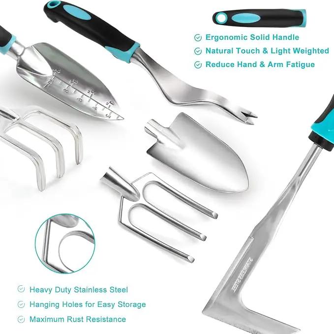 Garden Tool Set with Non Slip Rubber Grip,11 Piece Stainless Steel Gardening Tool Sets,Thickened Repotting Mat & Storage Tote Bag,Heavy Duty Outdoor Hand Tools Uprooting Weeding Tool, Ideal Gifts Blue by GreenHaven Gardens