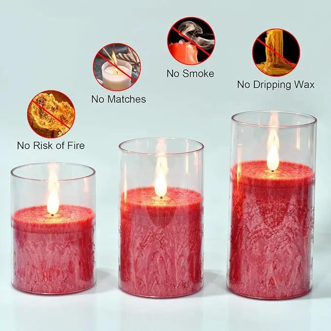 Flameless Flickering Remote Control Candle, Glass Pillar Candle,3 Pack (D:3"×H:4" 5" 6") LED 3D Flame Romantic Candle,Battery Operated Real Wax, Ideal for Wedding, Home Decor Holiday (Red) by GreenHaven Gardens
