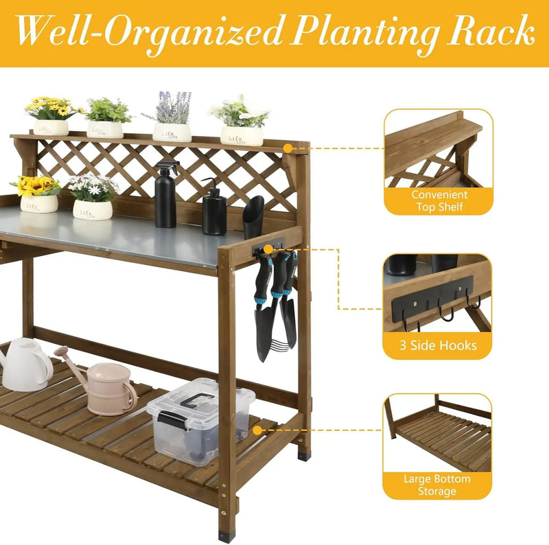Garden Potting Bench with Metal Tabletop,Outdoor Potting Table Workstation Benches with Drawer/Storage Shelf，Fir Wood Potting Station Work Table with Open Shelf,Lattice Back (Brown) by GreenHaven Gardens