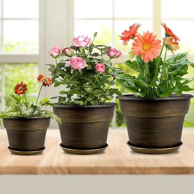 Plant Planters Pots Set of 4 Pack 13 Inch，Large Plastic Flower Pot for Indoor Plants with Drainage Holes & Trays, Resin Decorative Container Sets with Saucer for House Outdoor Garden Plant Dark Gold by GreenHaven Gardens