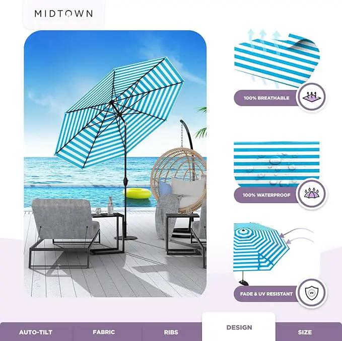 Midtown Umbrellas The Lean 8 Feet Outdoor Umbrella With Terylast Cobalt Stripes (Blue/White Stripes) Polyester Fabric - Auto-Tilt Aluminum Frame Patio Umbrella For Deck, Garden, Pool - Black Pole by GreenHaven Gardens