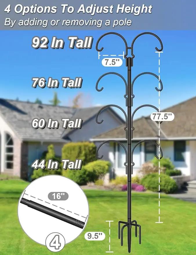 Outdoor Double Shepherds Hook with 5 Prong Base, 92 Inch Adjustable Heavy Duty Two Sided Bird Feeder Pole Stand for Hanging Plant Baskets, Solar Light Lanterns, Hummingbird Feeder, 2 Pack by GreenHaven Gardens