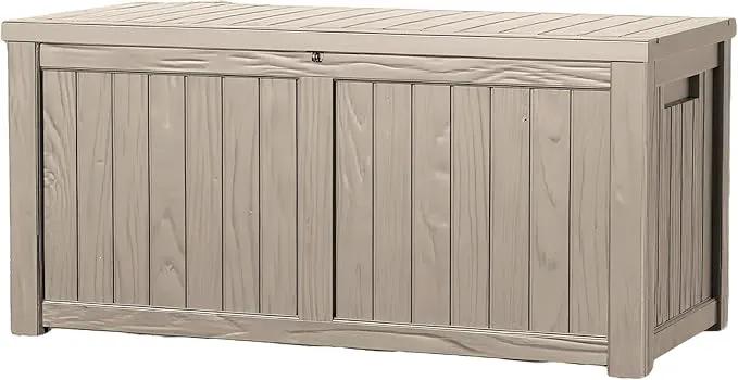 120 Outdoor Storage Box, Waterproof Resin Deck Box for Indoor & Outdoor Use, Lockable Storage Bench with Piston Hinge, Storage Bin for Patio Cushions, Garden Tools, Package Delivery, Grey by GreenHaven Gardens