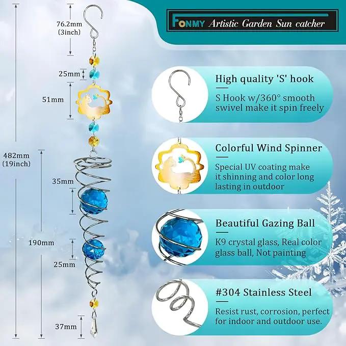 FONMY Cat Gazing Ball Spiral Tail Wind Spinner Sun Catcher Rainbow Maker Silver Spiral W/Blue K9 Crystal Ball Tree Hanging Ornament Indoor Outdoor Garden Decor. 19.5inch H by GreenHaven Gardens