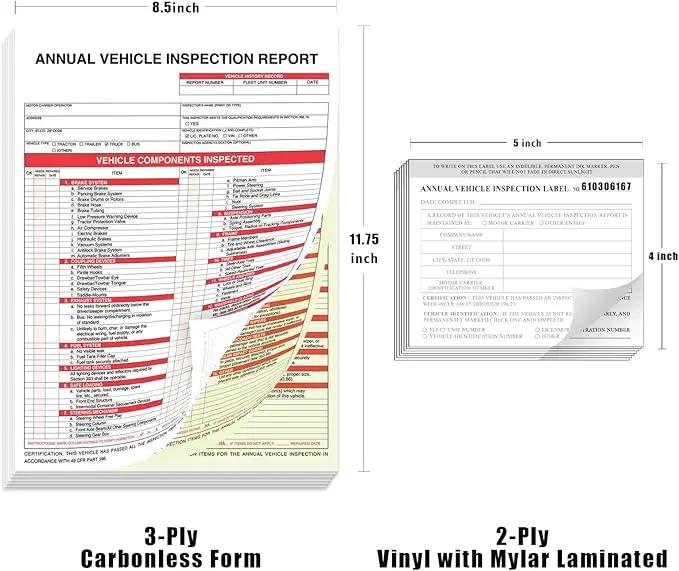 Goldenfox DOT Inspection Forms and Stickers. 50-Pack,3-Ply Carbonless Annual Vehicle Inspection Report (8.5" x 11.75") with 2-Ply Vinyl White Interior fmcsa Annual Inspection Sticker(5"x4") by GreenHaven Gardens
