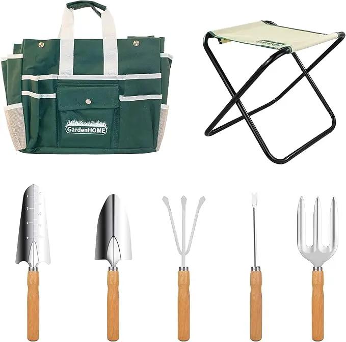 Gardening Tool Set, Stainless Steel 7-Piece Gardening Tools with Heavy-Duty Folding Stool and Detachable Canvas Tote Bag, Green and White, Ideal Gardening Gifts for Women and Men by GreenHaven Gardens