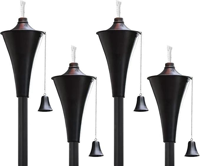 Set of 4, Oahu Premium Metal Patio Torches, 53" Tall- Tiki Style/w Snuffer, Fiberglass Wick & Large 16oz Oil Lamp for Deck, Patio, Lawn, Garden, Luau (Smooth Black) by GreenHaven Gardens