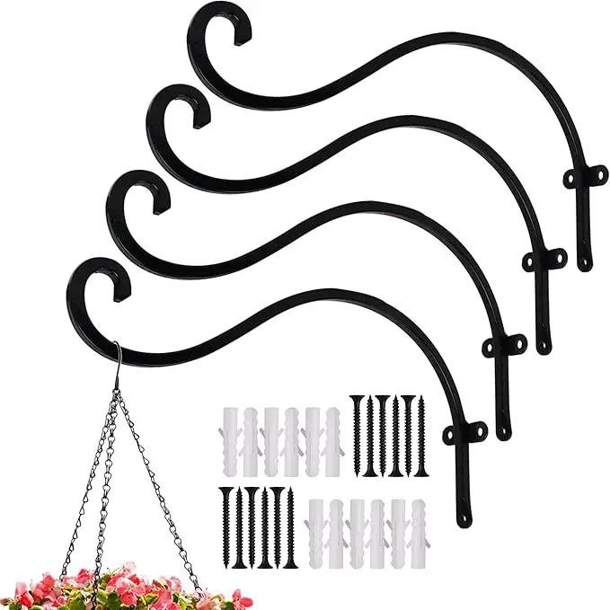 Hourleey 4 Pack Plant Hanger Outdoor, 12 Inch Heavy-Duty Hanging Plant Hook for Outside Basket, Black Metal Wall Mount Plant Bracket Hook for Flower Baskets Bird Feeder by GreenHaven Gardens