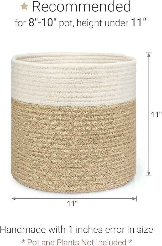 Dahey Jute Spliced Cotton Rope Plant Basket Modern Woven Storage Basket for 10" Floor Indoor Planter, Decorative Flower Pots Cover Laundry Bin with Handle Rustic Home Decor, White and Beige by GreenHaven Gardens