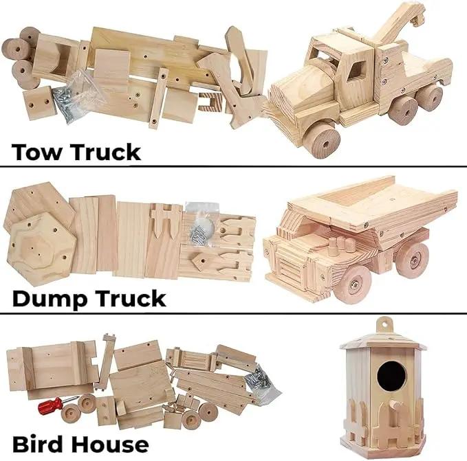 Kraftic Woodworking Building Kit for Kids and Adults, with 3 Educational DIY Carpentry Construction Wood Model Kit Toy Projects for Boys and Girls - Tow Truck, Birdhouse and Dump Truck by GreenHaven Gardens
