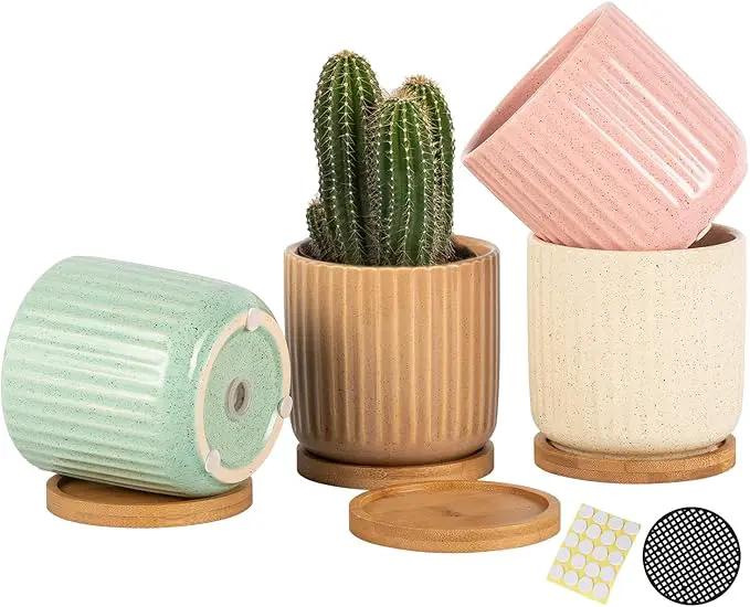 TAMAYKIM 4 Inch Cylinder Ceramic Boho Plant Pots with Drainage Hole and Saucer, Glazed Multicolor Flower Pots for Succulent, Snake Plant, Cactus and Herbs, Set of 4 (Plant Not Included) by GreenHaven Gardens