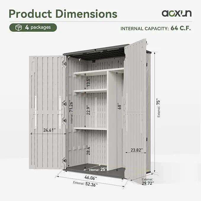 Aoxun Outdoor Resin Storage Shed with Metal Shelving Kit & Floor, 64 Cu.Ft Vertical Waterproof Storage Cabinet for Garage, Pool, Bike, Garden Tools, Patio Furniture (White) by GreenHaven Gardens