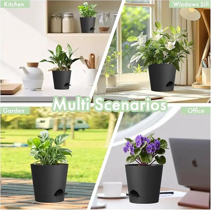 7/6.5/6/5.5/5/4 inch Self Watering Pots for Indoor Outdoor Plants, 6 Pack Plastic Flower Planters with Drainage Holes and Removable Saucers, Plant Pots with Wicking Rope, Modern Decor, Black by GreenHaven Gardens