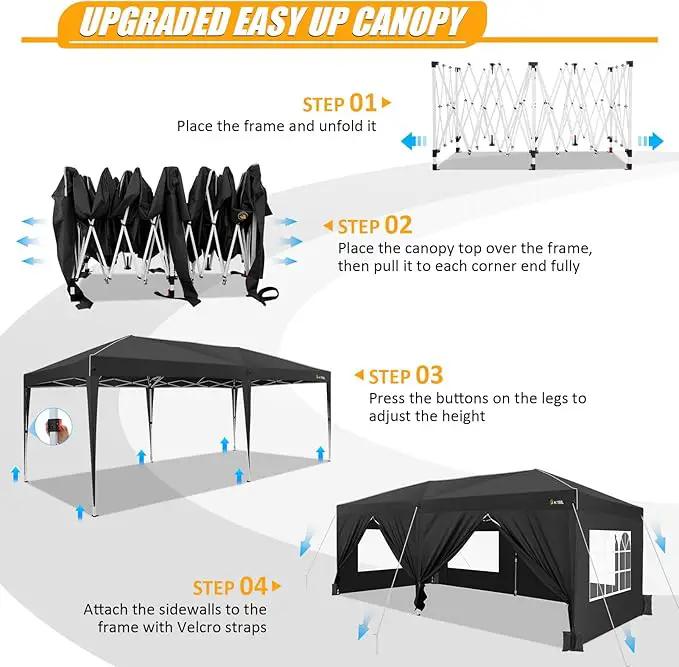 HOTEEL 10x20 Pop up Canopy with 6 Sidewalls, One Push Instant Setup Outdoor Canopy Tent with Reinforce Rod, Weight Bag, for Parties, Events, Black by GreenHaven Gardens