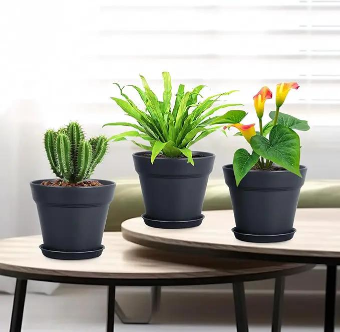 6 inch Nursery Pots, 16 Pack Plastic Plant Pots for Indoor Outdoor Plants, Flower Pots with Drainage Holes and Saucers, Decorative Seedling Starter Planters for House Plants, Black by GreenHaven Gardens