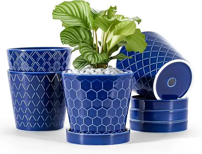 Ceramic Plant Pots –5 inch Indoor Flower Pot with Drainage Hole and Ceramic Tray - Gardening Home Desktop Office Windowsill Decoration Gift, Set of 4-Plants NOT Included(Blue) by GreenHaven Gardens