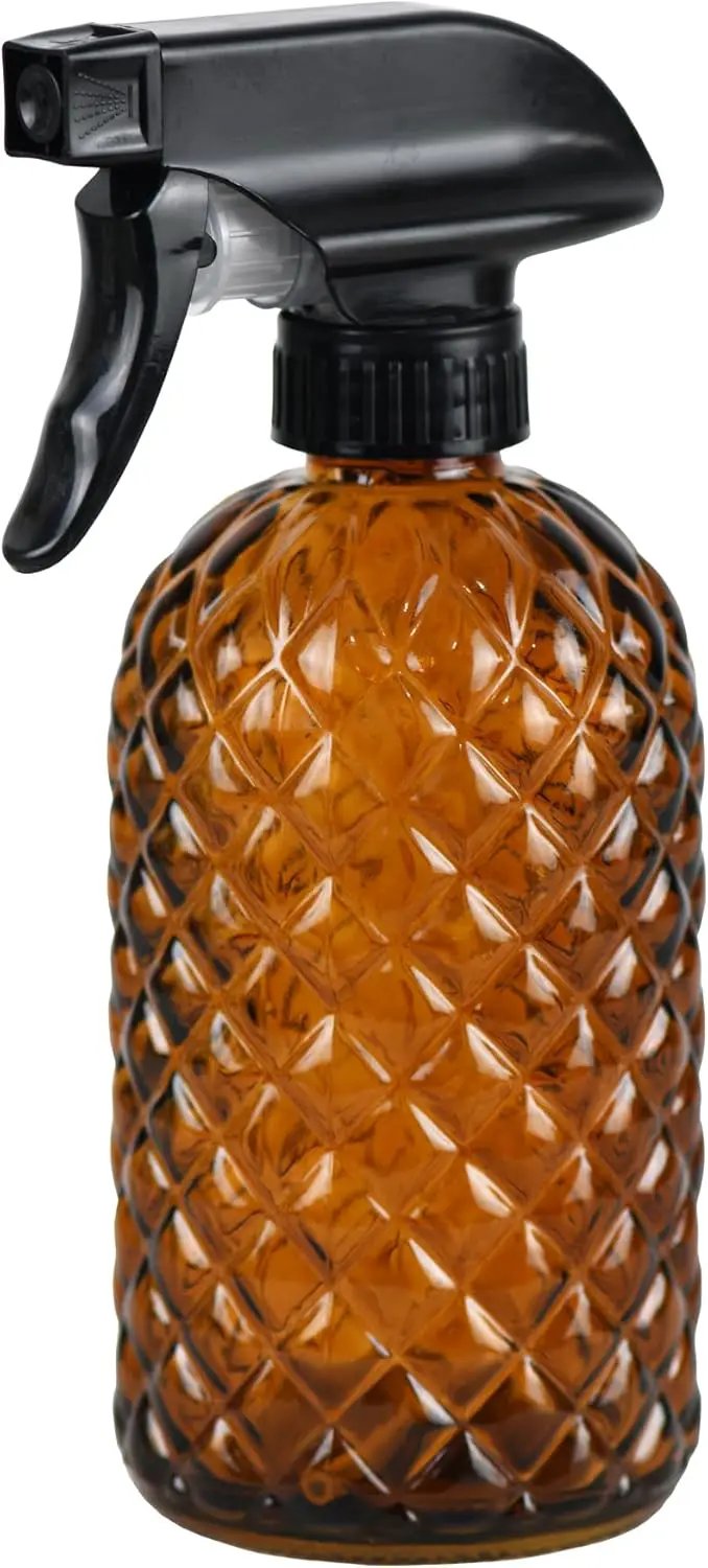 12Oz Glass Plant Spray Bottle, Gem Pattern Glass Sprayer, Watering Can with Black Plastic Top Pump, Handheld Watering Can for Indoor Outdoor Potted Plants and Greenery (Amber) by GreenHaven Gardens