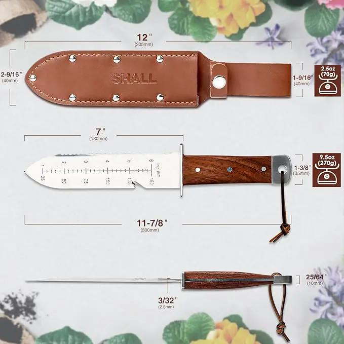 SHALL Hori Hori, Japanese Garden Knife, Soil Knife with Leather Sheath, Rosewood Handle & Hide Rope, 7” Stainless Steel Blade, Rope Cutting Edge, for Digging, Weeding, Planting, Full-Tang by GreenHaven Gardens