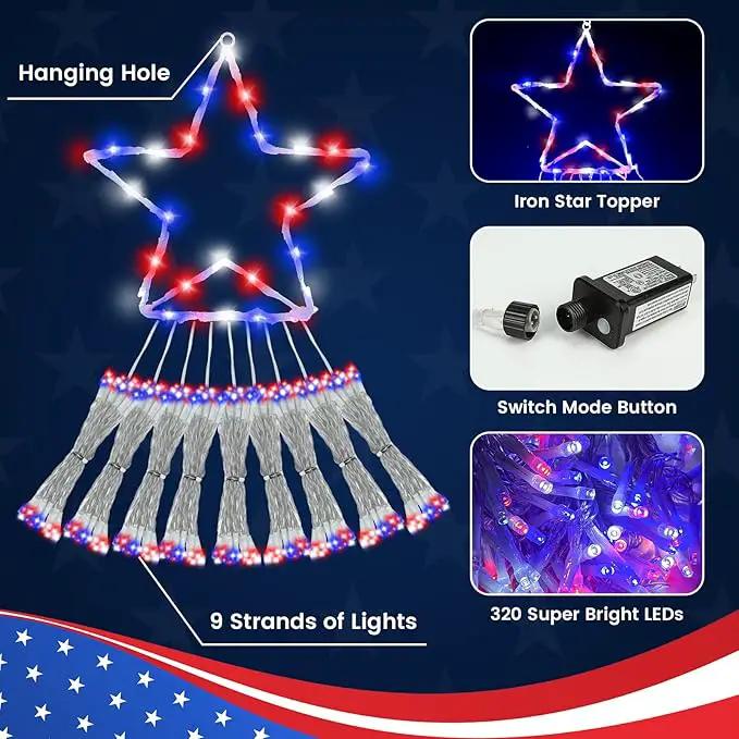 4th of July Decorations Lights, Red White Blue String Lights 320 LED 11.5 Ft Flag Stars Patriotic Light with Big Star Topper Waterproof 8 Light Modes for Indoor Outdoor Memorial Day Independence Day by GreenHaven Gardens