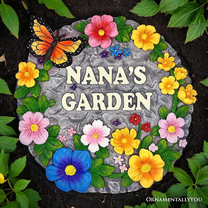 Elegant Resin Stepping Stone, Outdoor Garden Pathway Decoration (Nana’s Garden Floral Stepping Stone, 9.5" Decorative and Gift for Grandmother) by GreenHaven Gardens