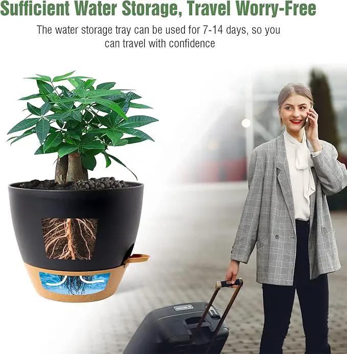 12 inch Large Self Watering Pots, Plastic Planters with 60oZ Removable Deep Reservoir and Multi Mesh Drainage Holes for Indoor Outdoor Garden Plants and Flowers, Black with Brown by GreenHaven Gardens