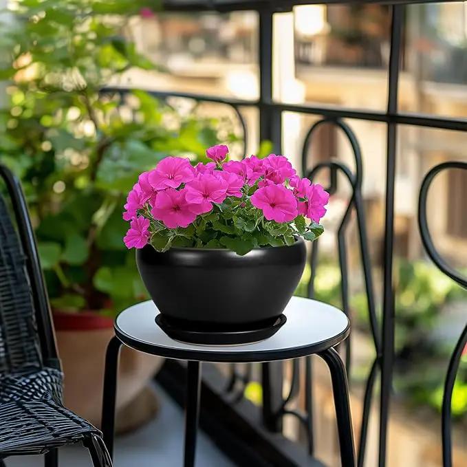 Plant Pot Large 9 Inch - Ceramic Pots for Plants with Drainage Hole and Saucer Round Planter for Indoor Plants Decorative Outdoor Flower Pot Large for House Balcony Black by GreenHaven Gardens