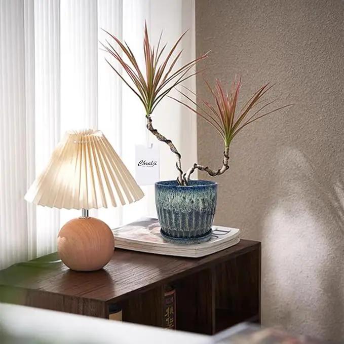 Ceramic Pots for Plants, 6in Ceramic Planters for Indoor Plants, Flower Pots with Drainage and Saucer, Reactive Glaze Blue by GreenHaven Gardens