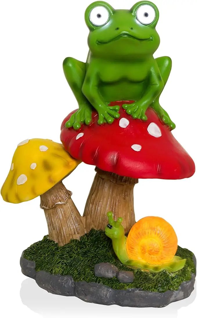 Alpine Corporation ZEN390SLR-S Frog on Mushroom Statue with LED Lights, Solar-Powered LED Frog Garden Statue, 12" H, Green by GreenHaven Gardens