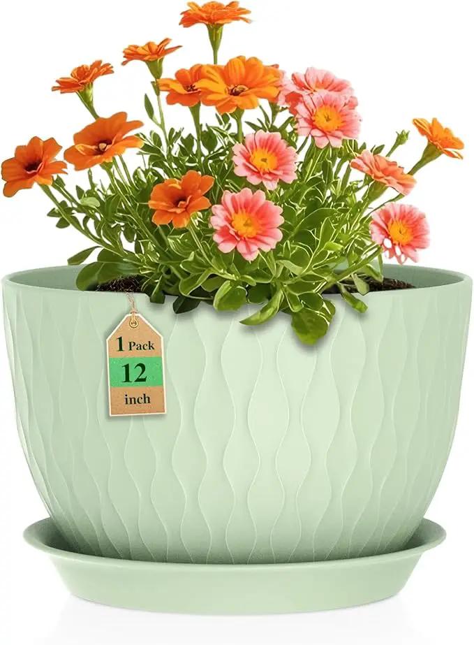 12 Inch Large Plant Pots for Indoor or Outdoor Plants, Wide Water Ripples Flower Pots with Drainage Holes & Saucer, Plastic Planters Set for Garden & Home Decor (Green) by GreenHaven Gardens